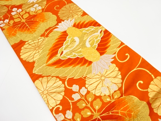 アンティーク　向かい鶴に桐・菊模様織り出し袋帯（着用可）